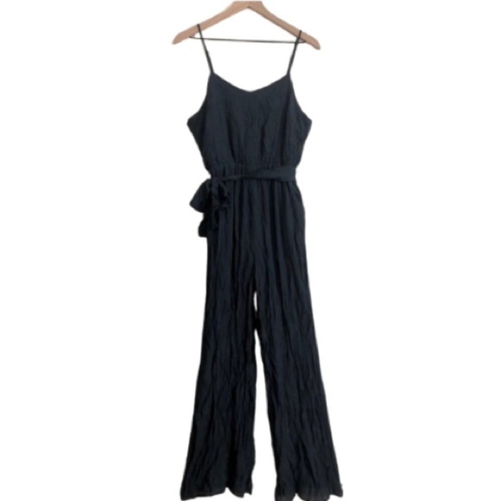 Flawless Navy Blue Organza Wide Leg Spaghetti Strap Tie Romper Jumpsuit Medium